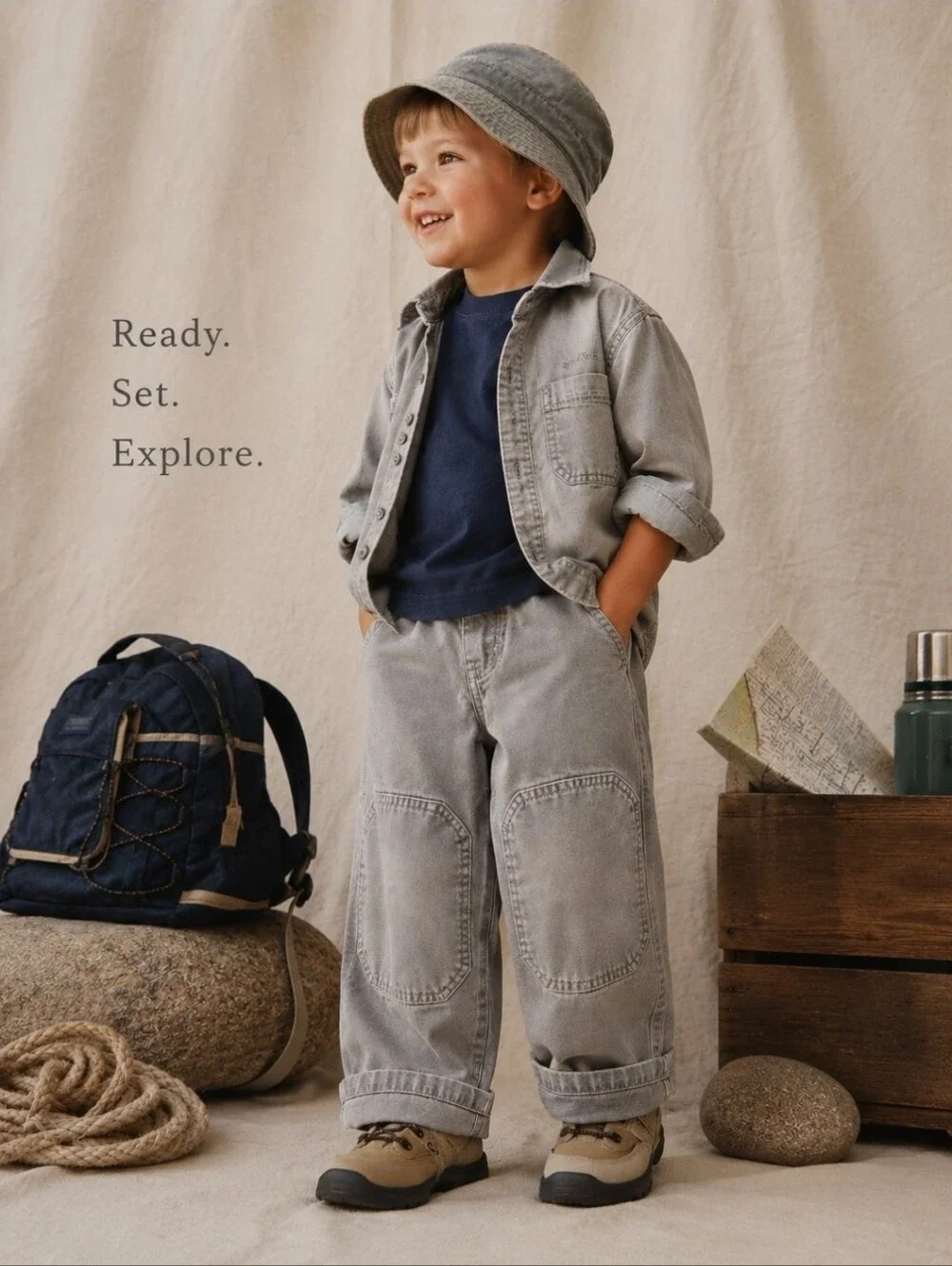 VTG 1999 Gymboree Gray Wide Leg Utility Patch Knee Pants 3-4Y Workwear Cotton